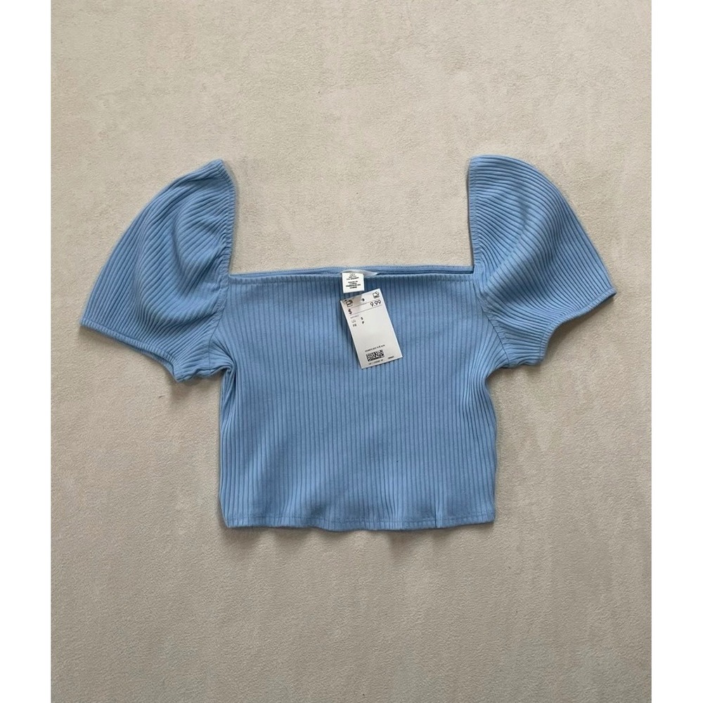 H&M Women Light Blue Ribbed Square Neck Puff Sleeve Crop Top NWT Size S